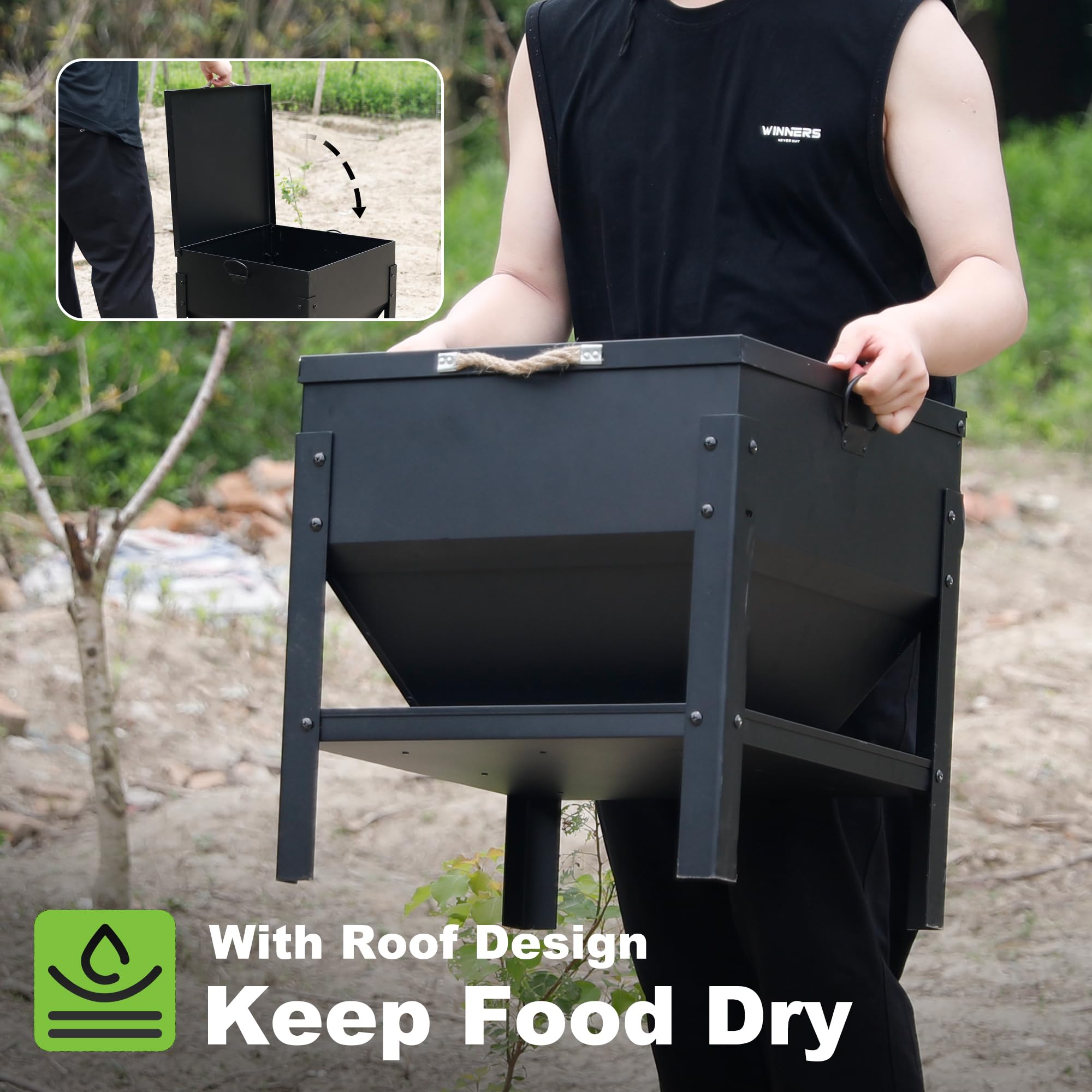 Solution4Patio close-up of waterproof lid protecting feed from weather