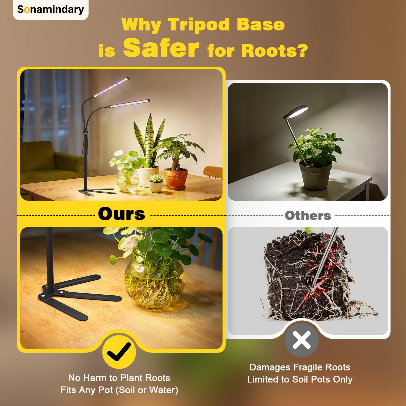 Sonamindary flexible arm bent to focus light precisely on a plant pot