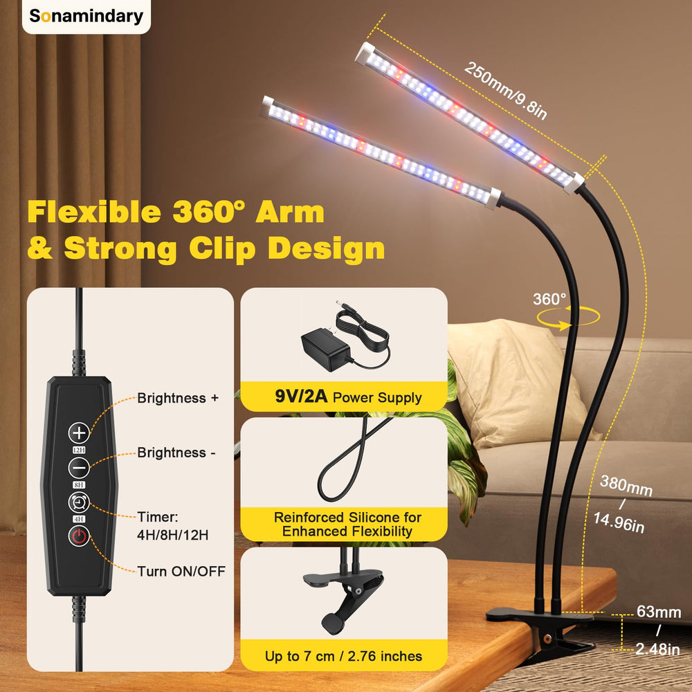 Sonamindary light illuminating multiple pots on a shelf, provides even supplemental lighting across plants
