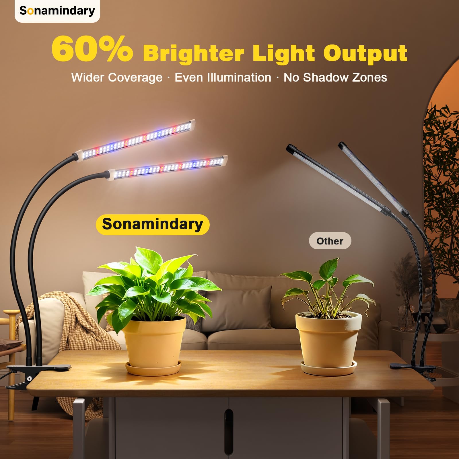 Sonamindary next to a common houseplant for scale, demonstrates compact footprint and useful coverage