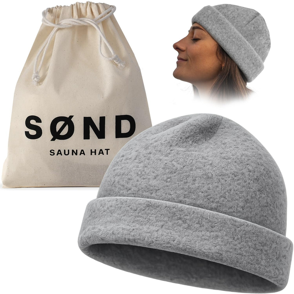 SØND sauna hat front view showing clean modern beanie style and coverage benefit
