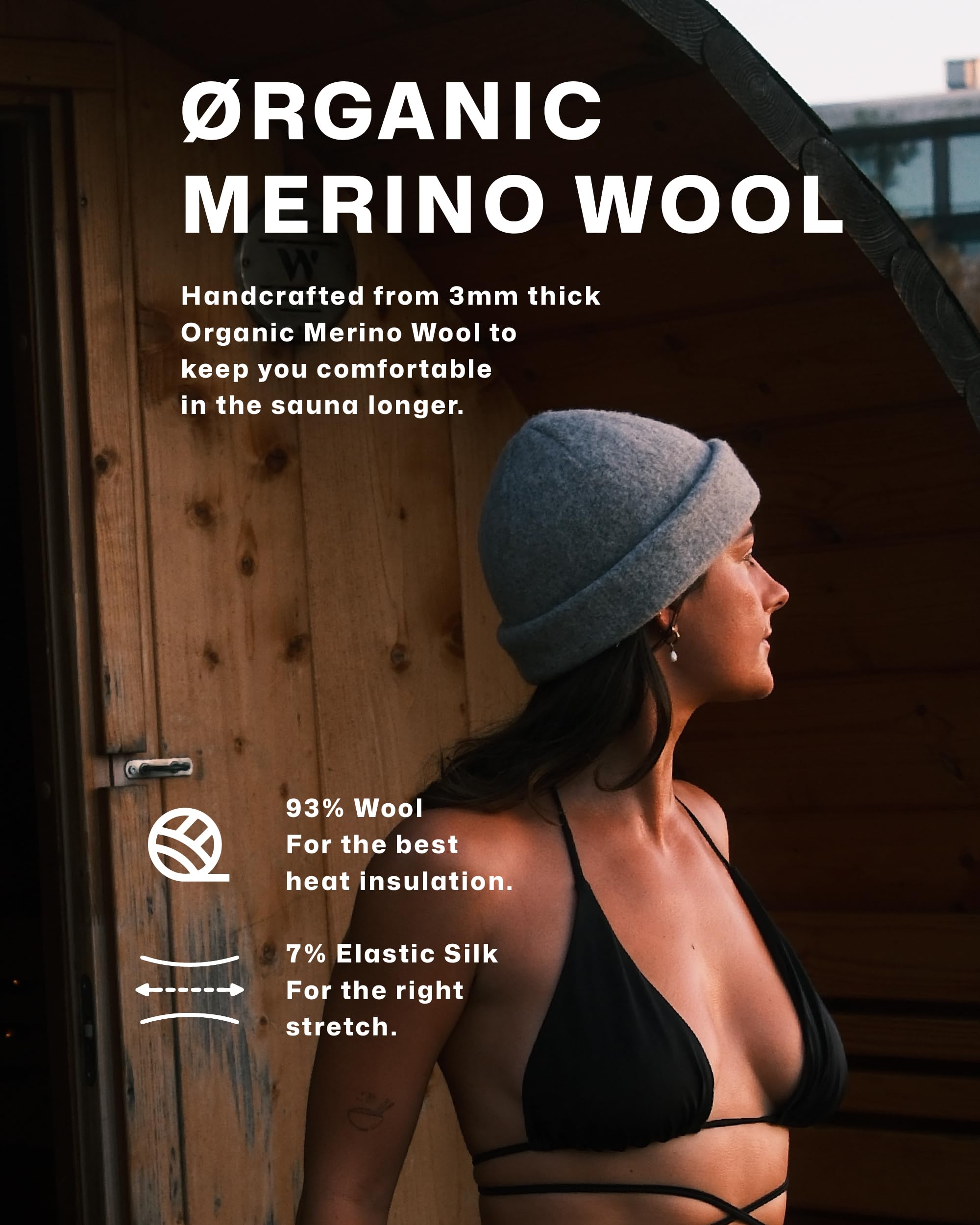 Person wearing SØND sauna hat in sauna demonstrating comfortable heat protection