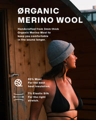 Person wearing SØND sauna hat in sauna demonstrating comfortable heat protection