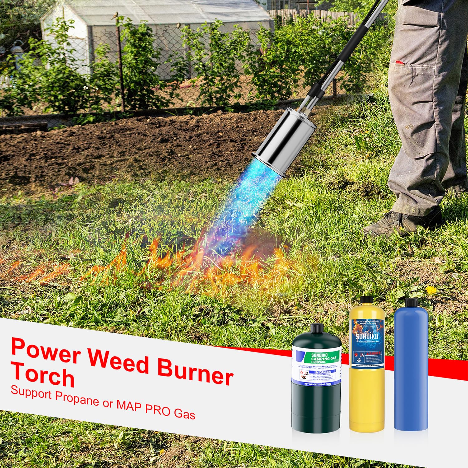 Sondiko torch head next to standard propane canister for size and compatibility clarity