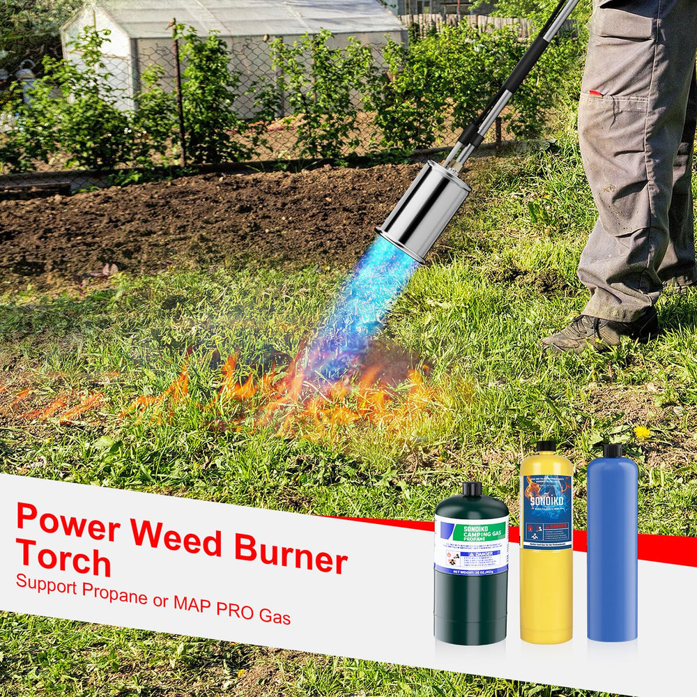 Sondiko torch head next to standard propane canister for size and compatibility clarity