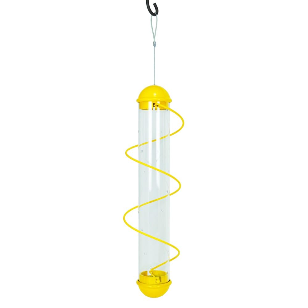 Songbird Essentials Bird Quest front view showing 17-inch yellow spiral feeder and seed capacity