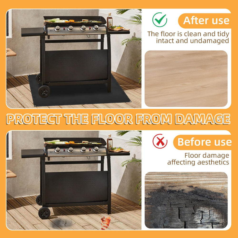 SONGC mat in use under outdoor grill protecting wooden deck