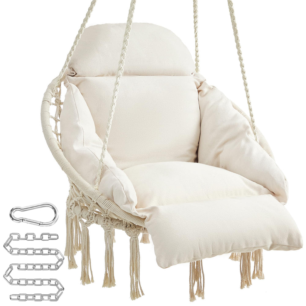 SONGMICS hanging chair front view showing cushion and tassels for cozy seating