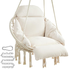 SONGMICS hanging chair front view showing cushion and tassels for cozy seating