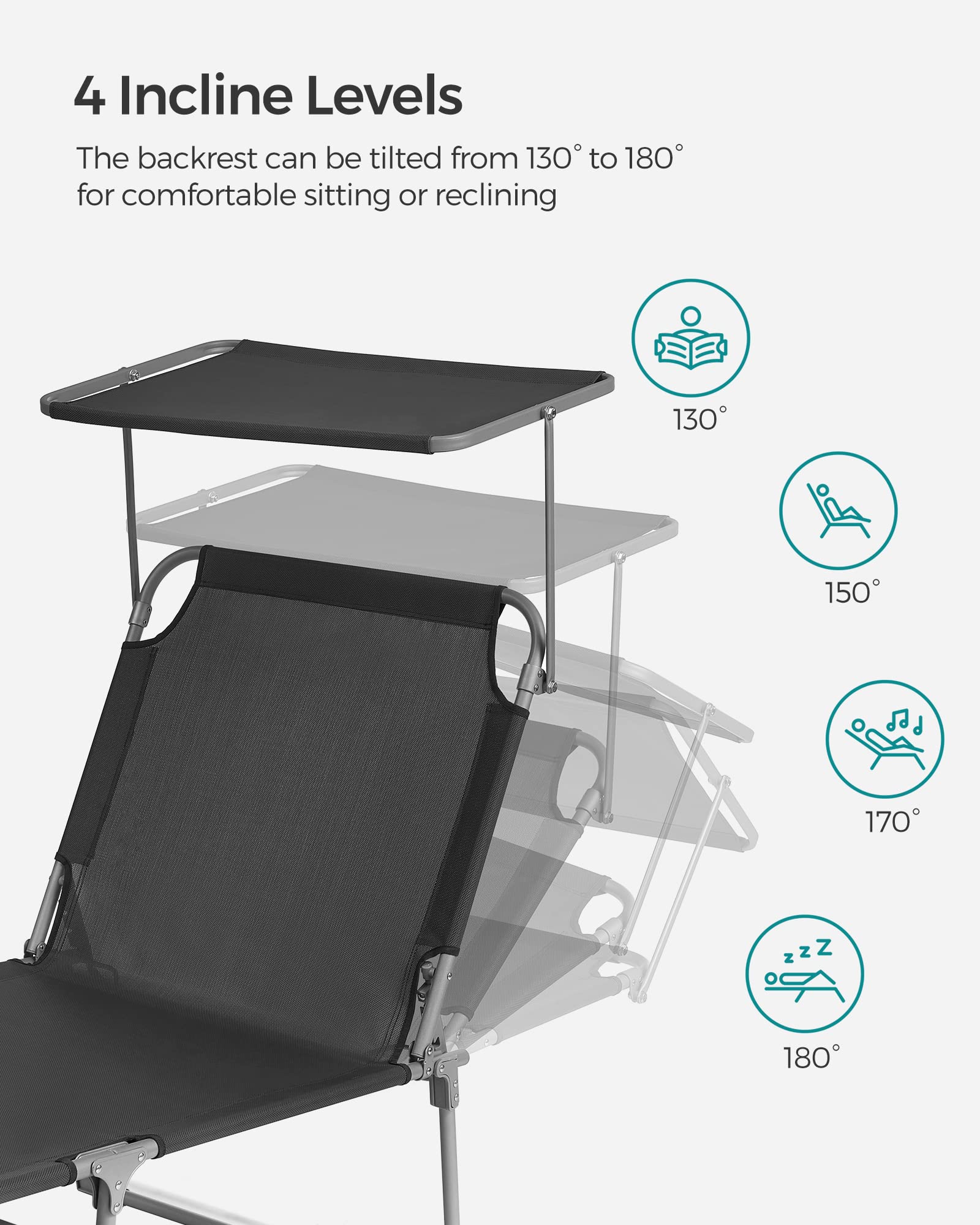 SONGMICS chaise lounge canopy adjusted to block sun while you read outdoors