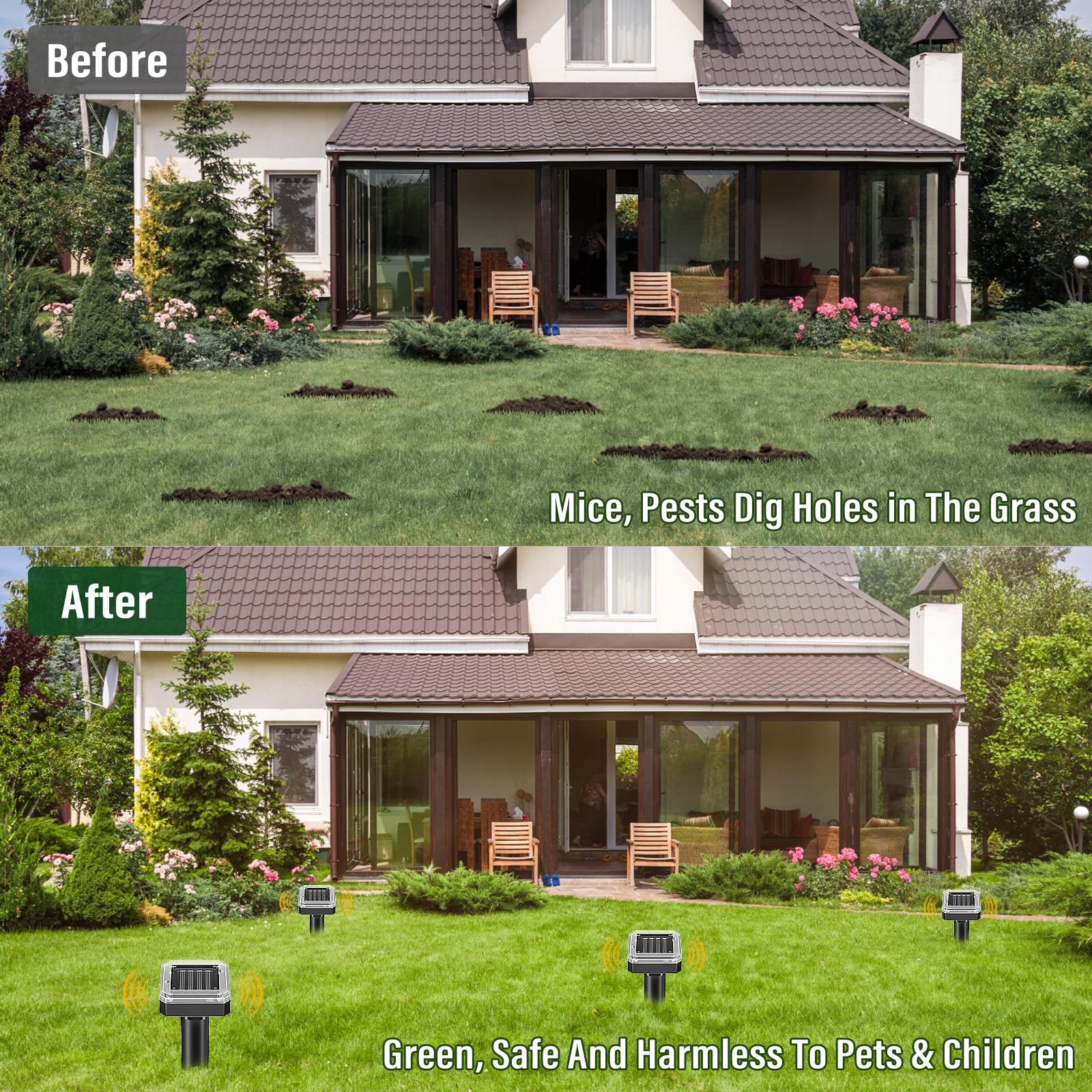 SonicPulse lifestyle view of stakes across yard for safer, chemical-free protection