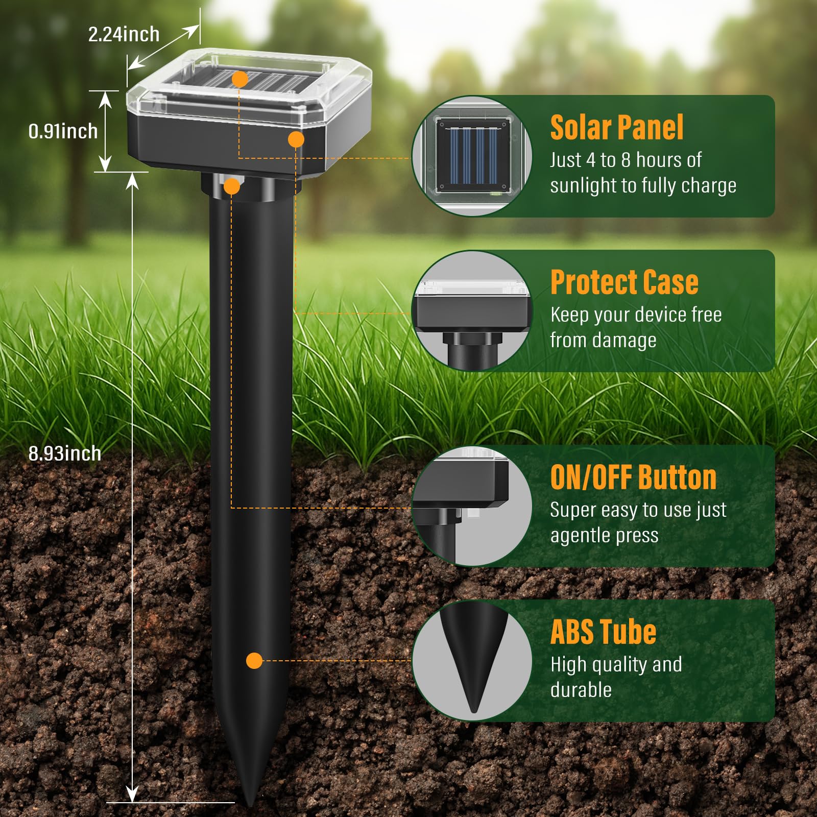 SonicPulse size comparison with hand illustrating compact, stake-friendly scale