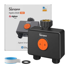 SONOFF Hydro DUO front view showing dual-zone valves and controls for reliable irrigation