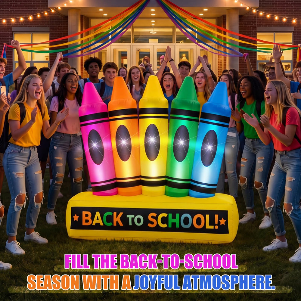 Sonwyoung crayon group on school lawn showing festive back-to-school impact
