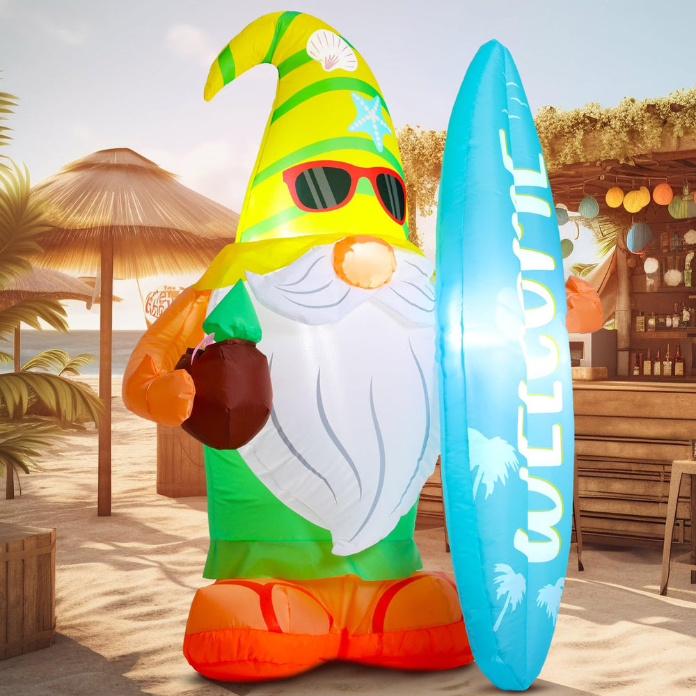 Sonwyoung front view inflatable gnome showing surfboard and bright colors for festive appeal