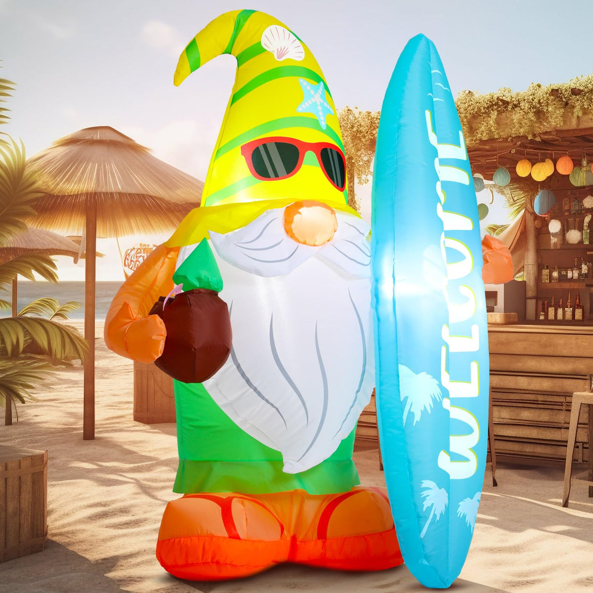 Sonwyoung front view inflatable gnome showing surfboard and bright colors for festive appeal