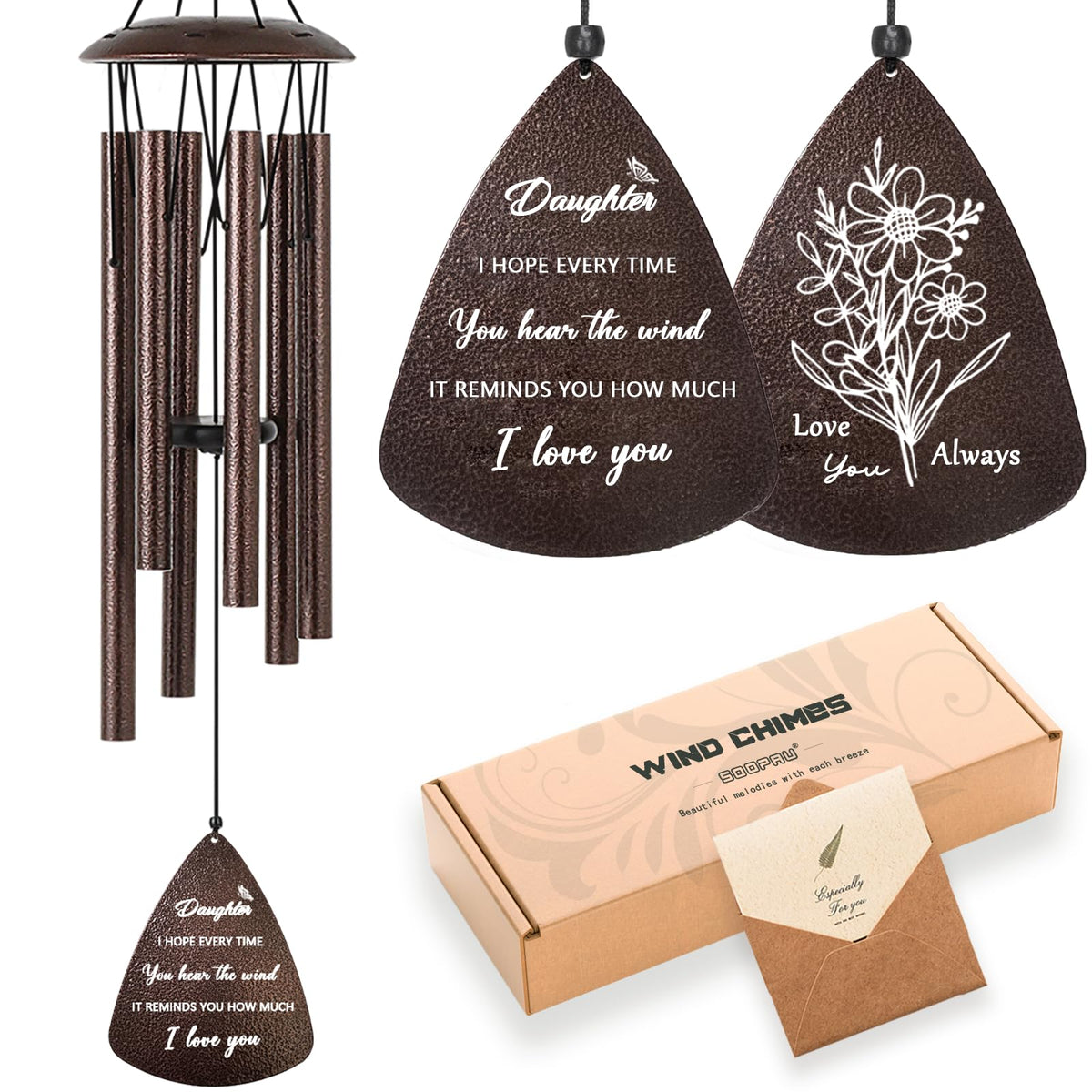 Soopau wind chime front engraving showing heartfelt message, gifting warmth