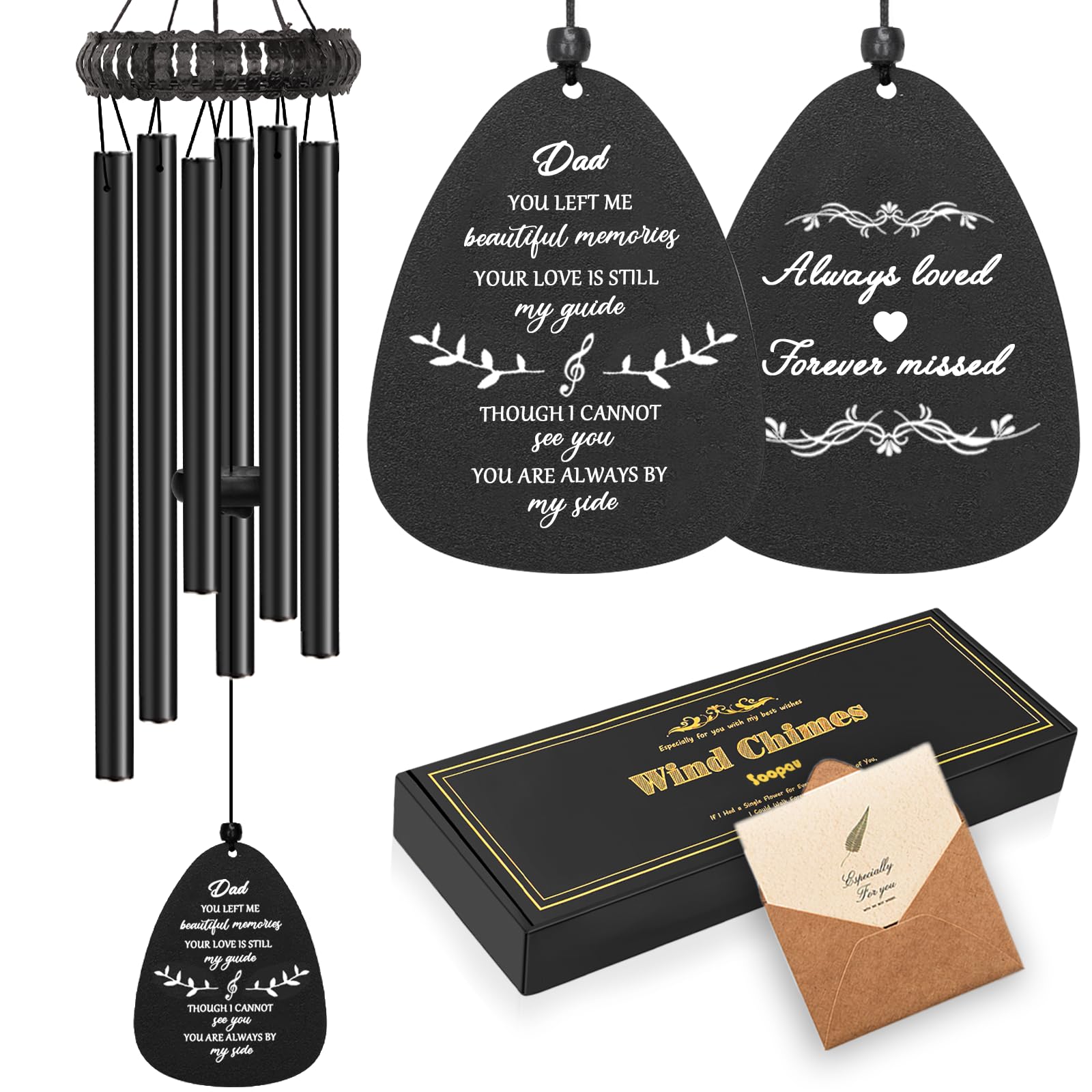 Soopau front packaging of memorial wind chime showing gift-ready box and care benefit