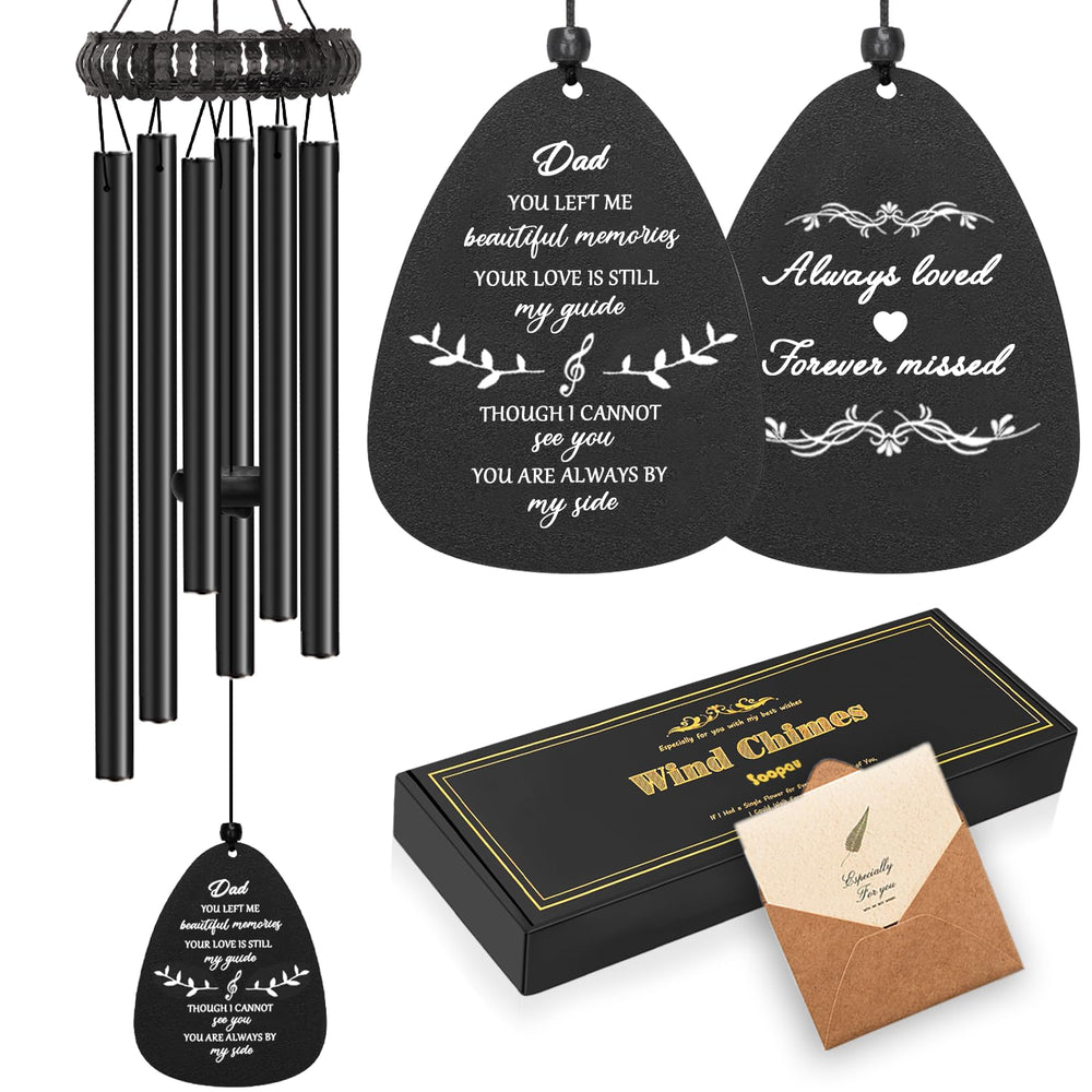 Soopau front packaging of memorial wind chime showing gift-ready box and care benefit