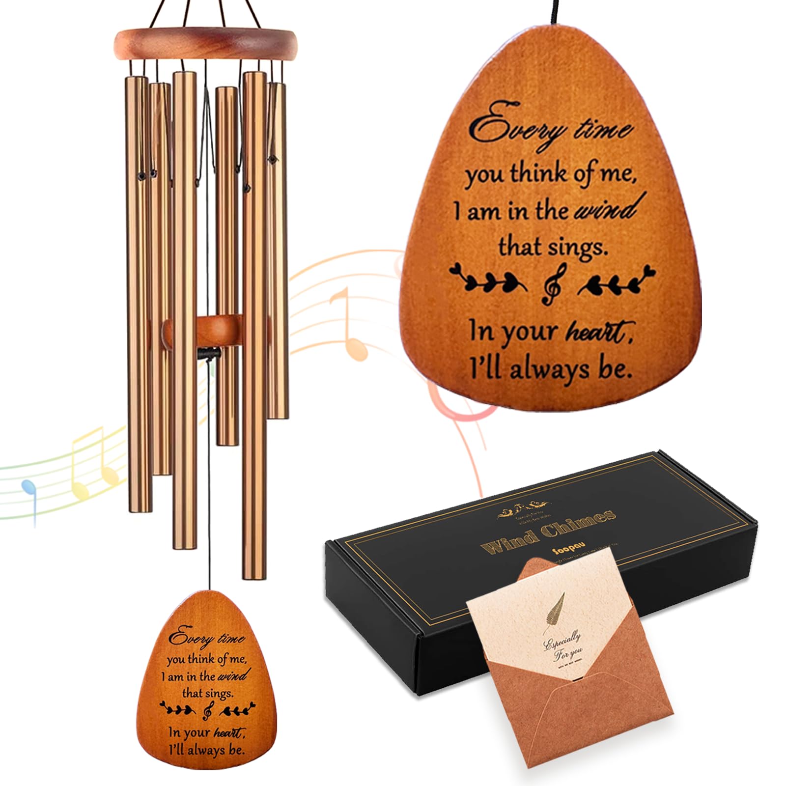Soopau front view memorial wind chime showing whole piece and hook for easy hanging