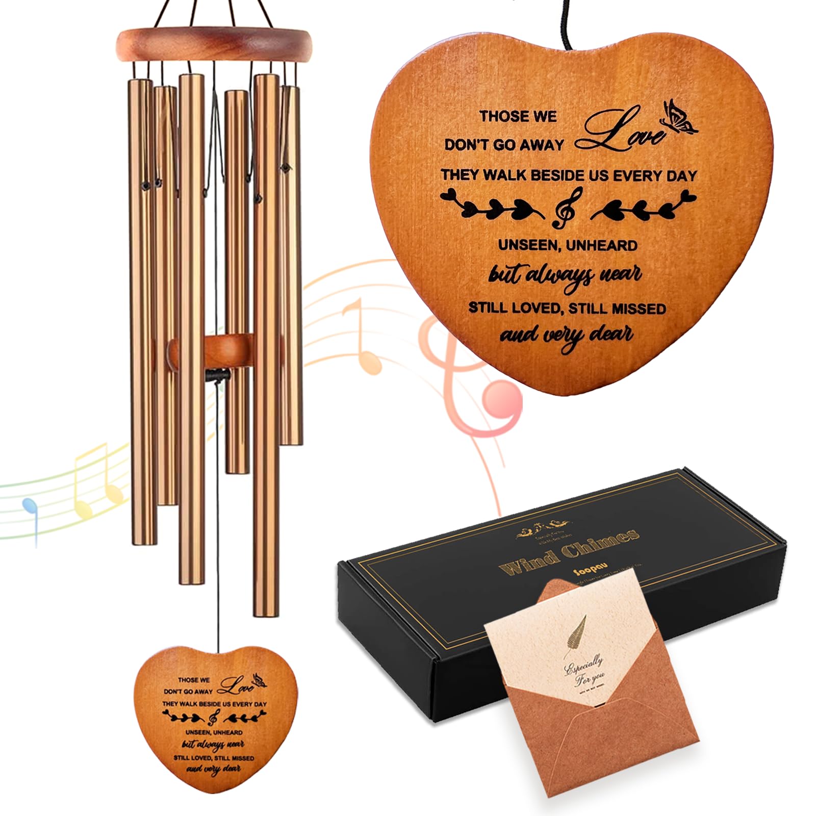 Soopau front view showing golden wind chime in black gift box, comforting presentation