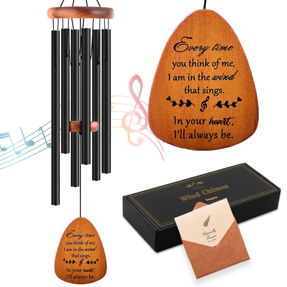Soopau front view of wind chime showing engraved comfort message and calm design