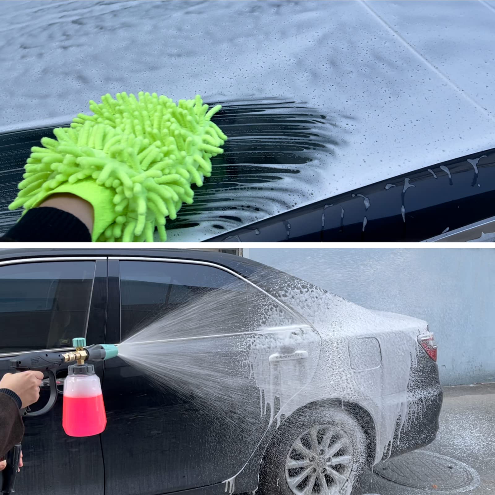 Sooprinse generating thick snow foam on a car surface for better dirt lift