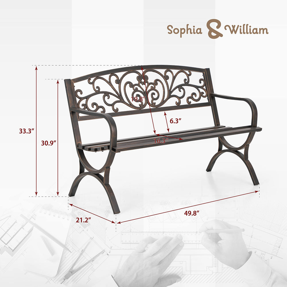 Sophia & William bench in patio setting showing decorative outdoor styling