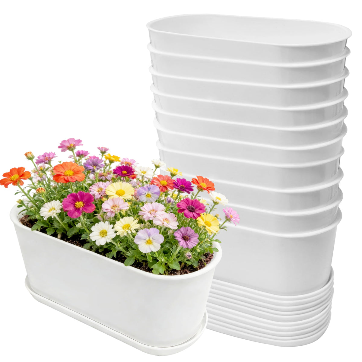 SORANGEUN front packaging showing ten white oval planters and trays, neat storage benefit
