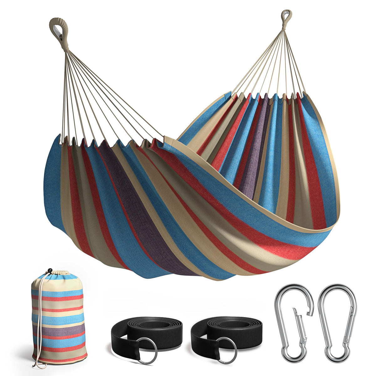 Sorbus full view of striped hammock showing spacious bed and convenience