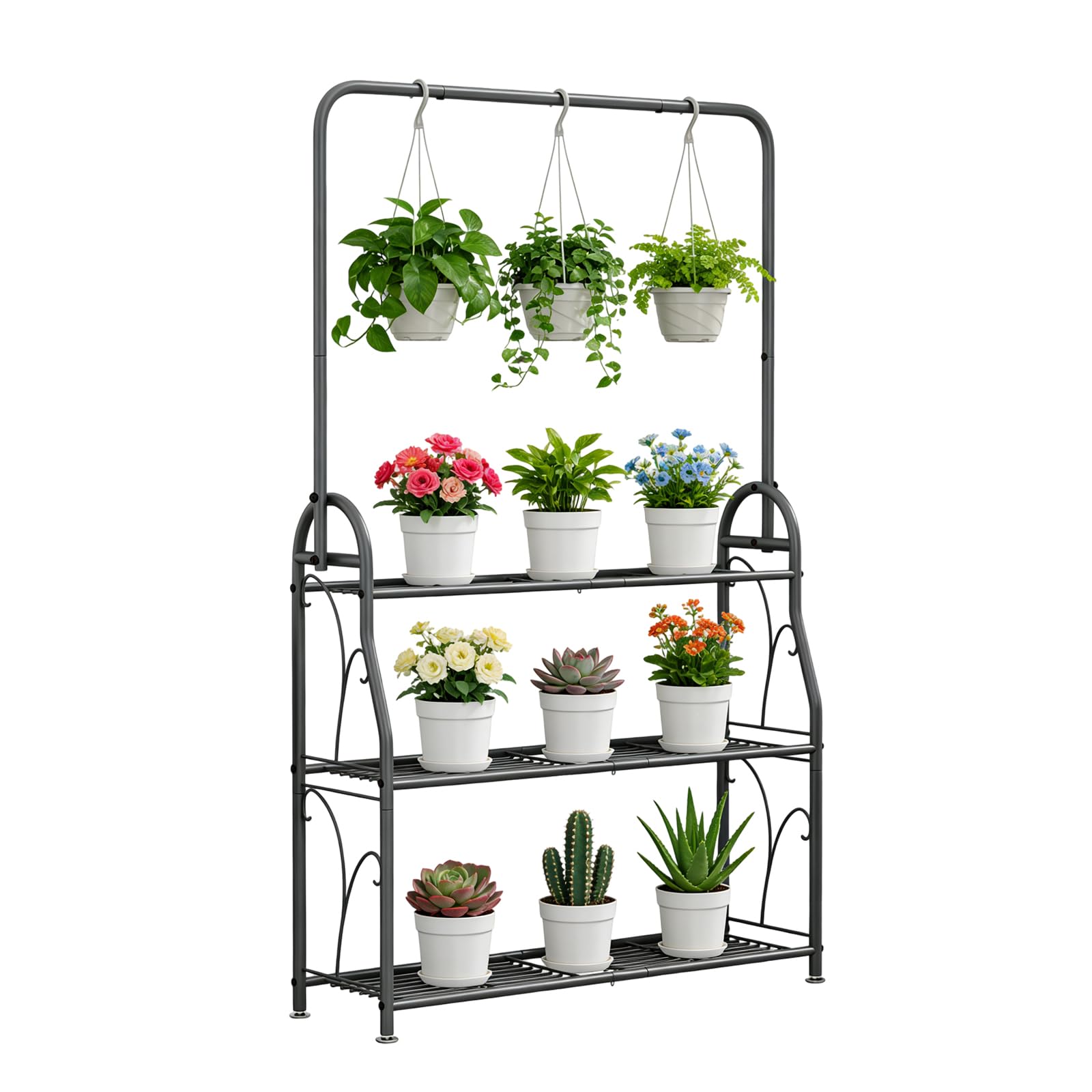 SORCEDAS full-view three-tier plant stand showing space-saving display benefit