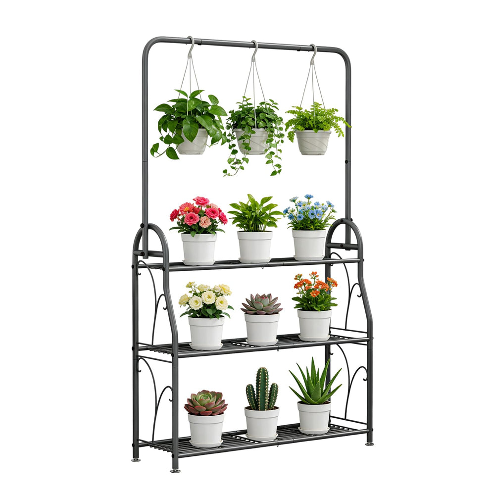 SORCEDAS full-view three-tier plant stand showing space-saving display benefit