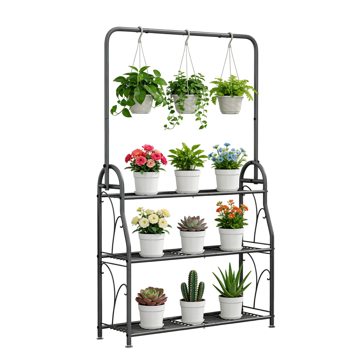 SORCEDAS full-view three-tier plant stand showing space-saving display benefit