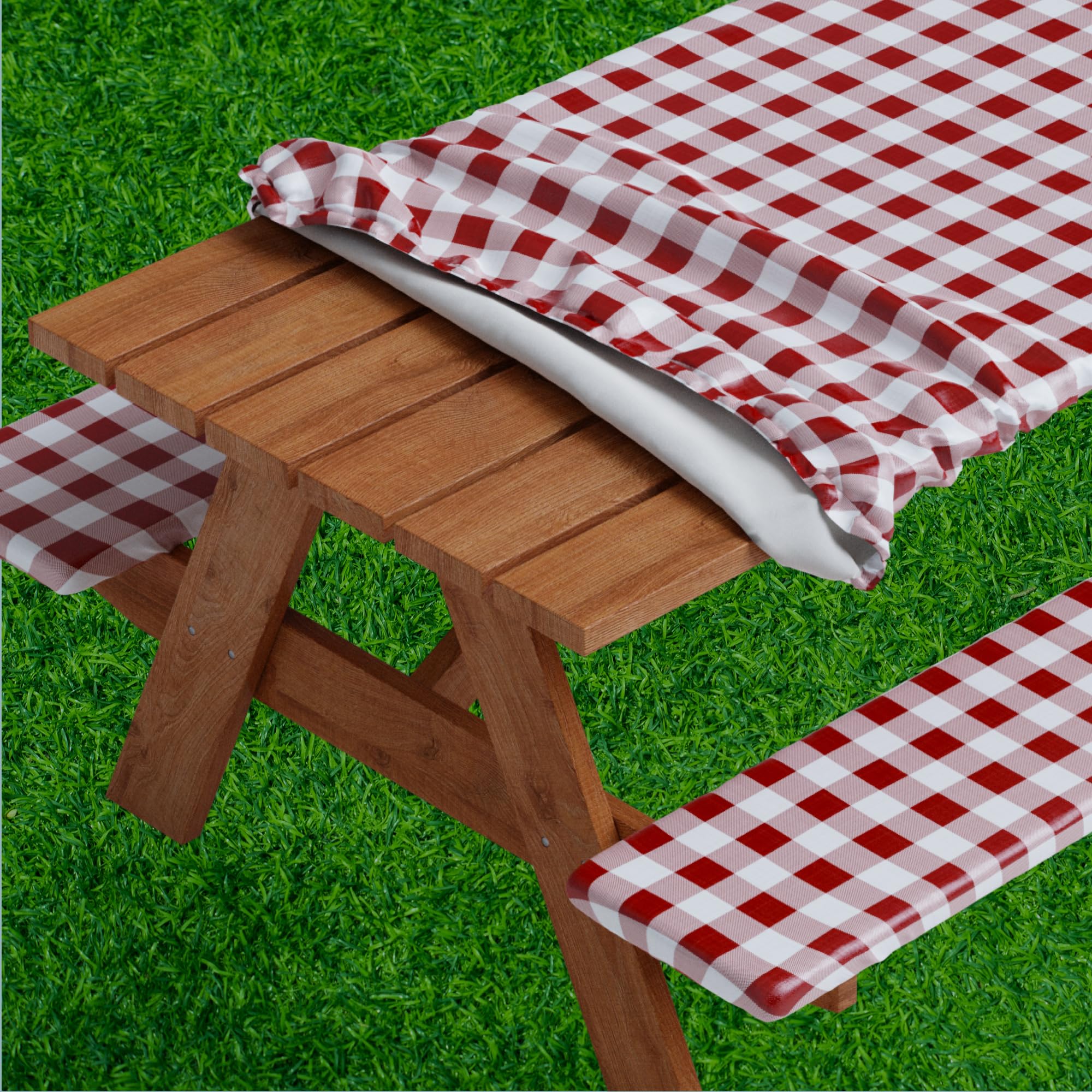 Sorfey front view burgundy checked table cover adds classic style and protection