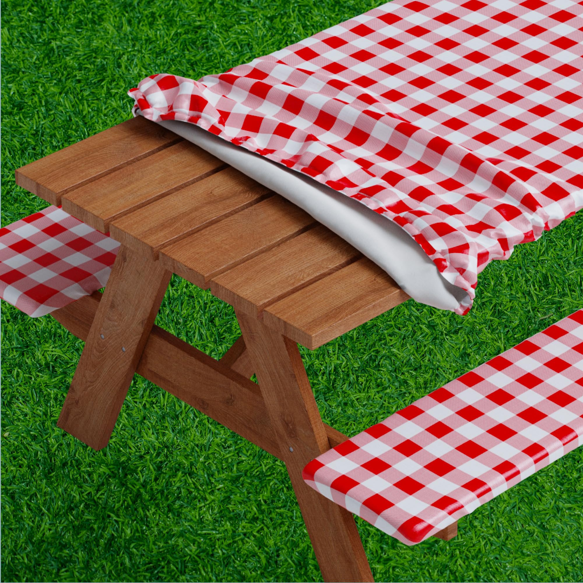Sorfey front view of fitted red check picnic table cover shows neat tailored look and protection