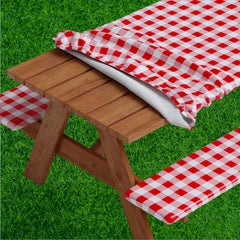 Sorfey front view of fitted red check picnic table cover shows neat tailored look and protection