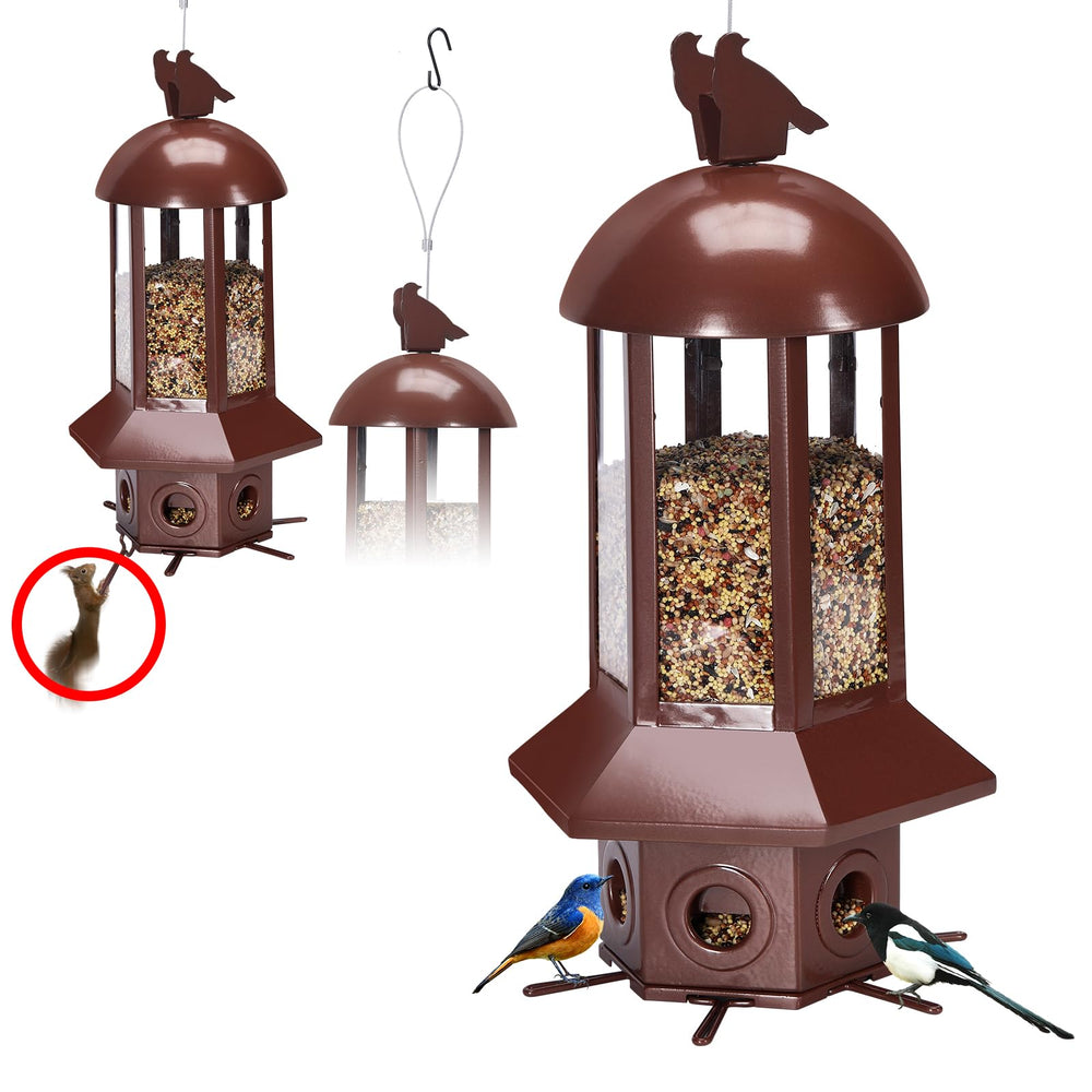 Sorflife feeder front view showing durable metal and six feeding ports benefit: long-lasting use