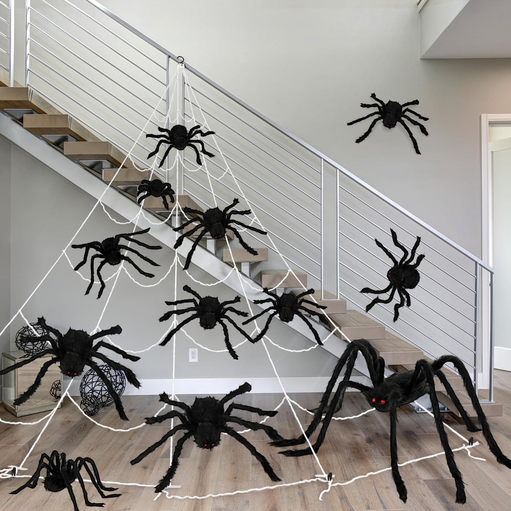 Sosation large 47-inch spider close-up highlighting plush texture and red eyes for impact