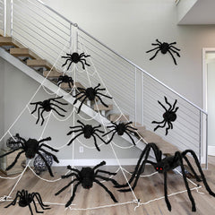 Sosation large 47-inch spider close-up highlighting plush texture and red eyes for impact