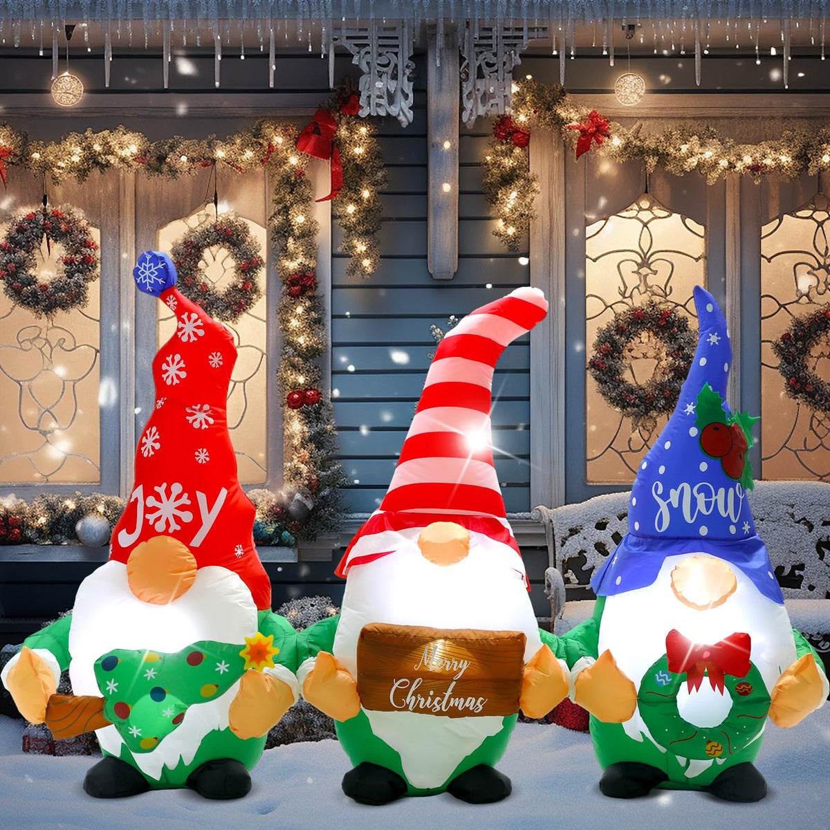 Sosation 7 ft gnome front view showing three festive gnomes and bright colors for curb appeal