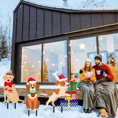 Sosation yard stakes installed in grass creating a festive outdoor display