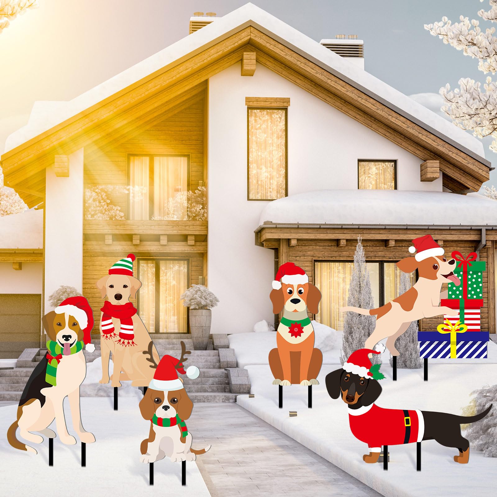 Sosation porch scene with dog stakes adding holiday charm and photo-ready look