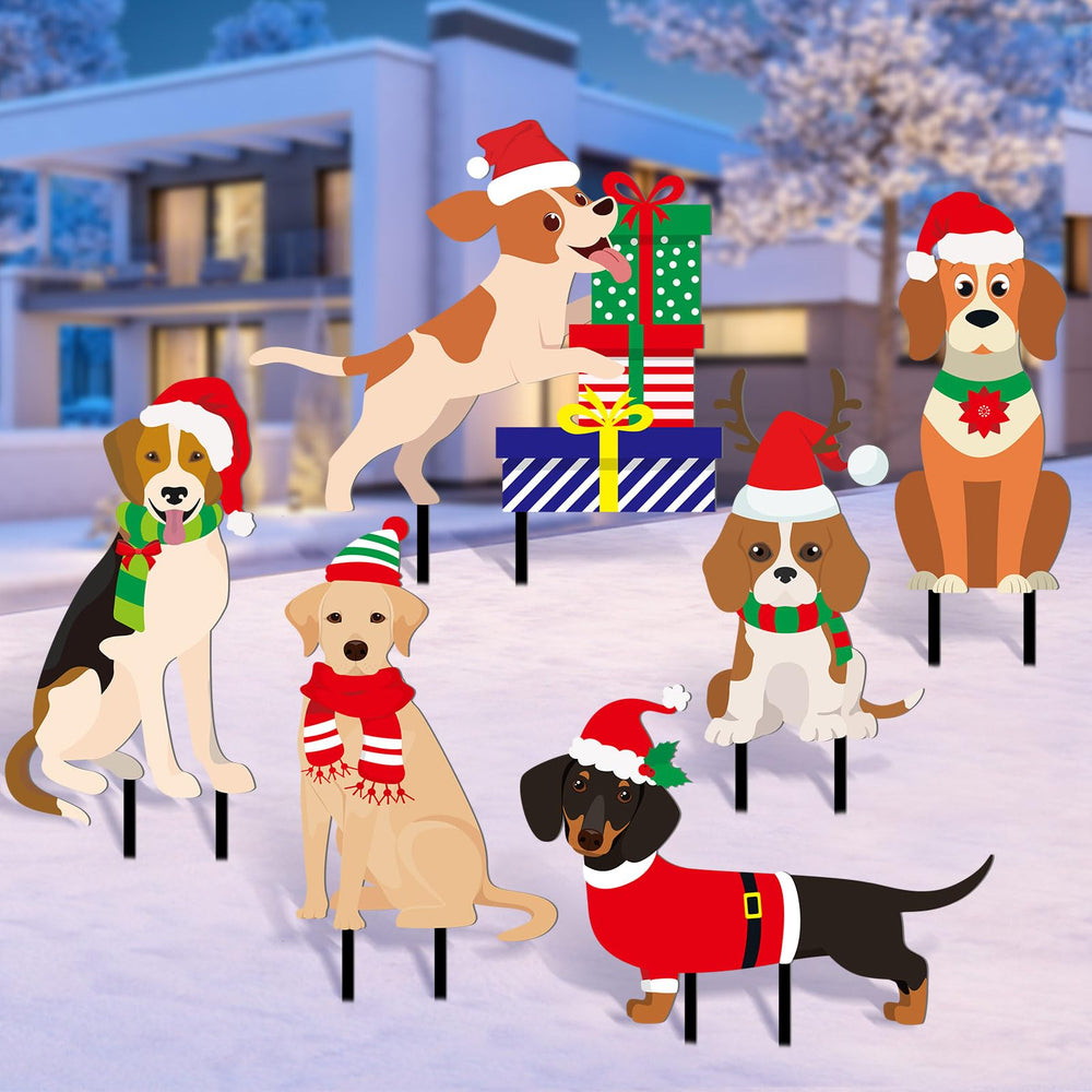Sosation front view of six dog yard stakes showing festive designs and curb appeal