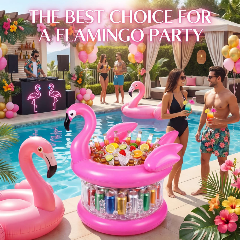 Sosation flamingo filled with ice and bottles showing easy access to drinks