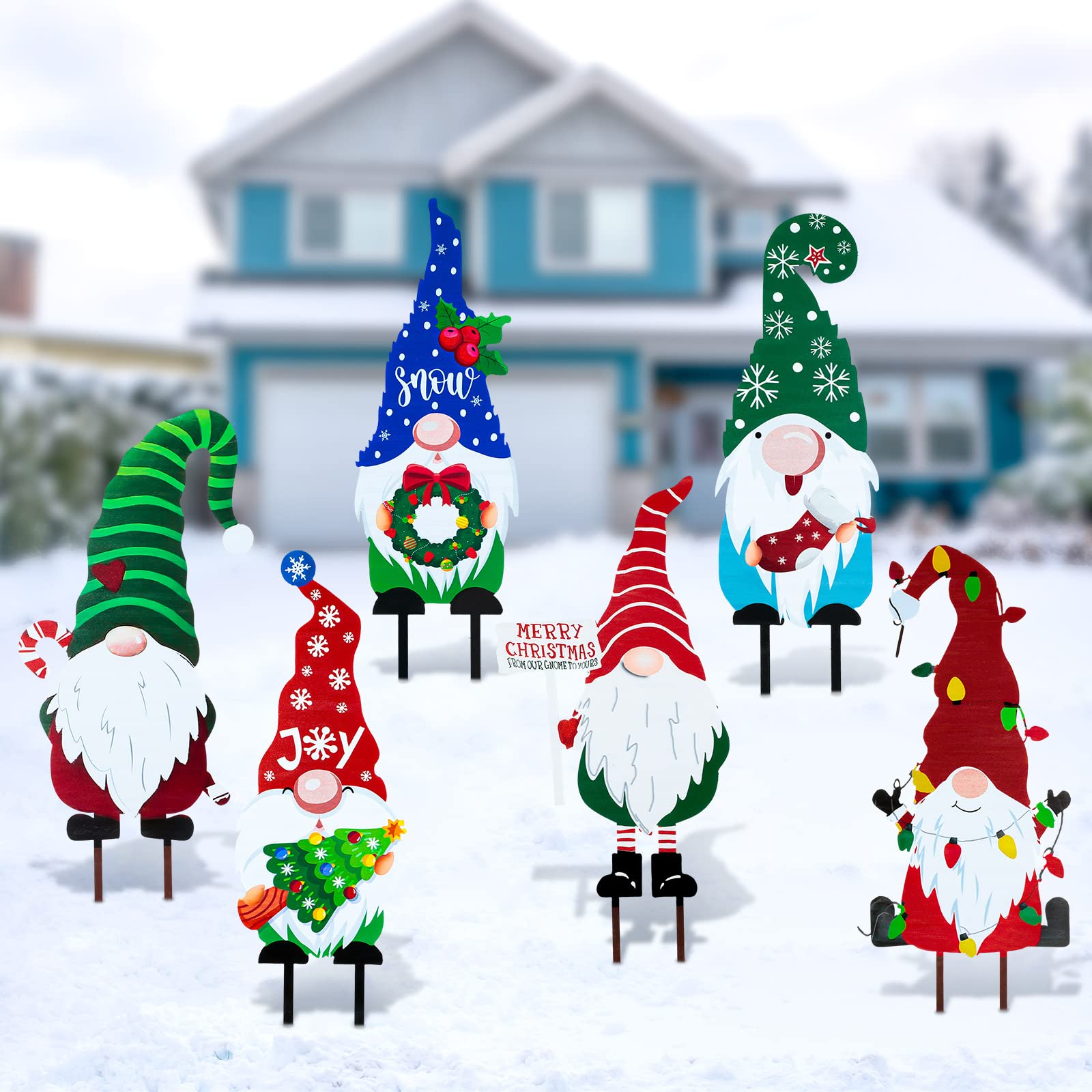 Sosation gnome front view showing festive colors and cheerful design benefit: instant holiday curb appeal