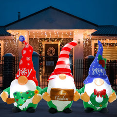 Sosation gnome secured on lawn with stakes and ropes for stable outdoor display