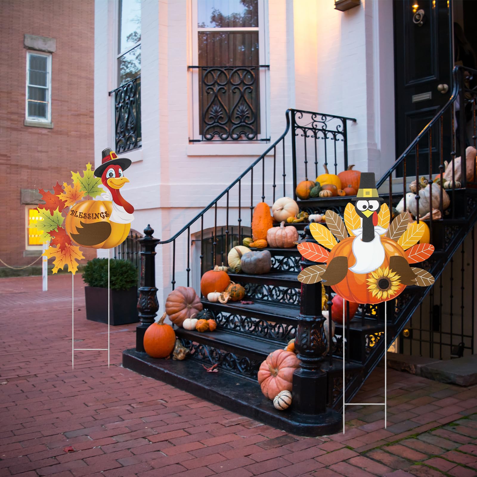 Sosation evening scene with turkey stakes and soft lights enhancing porch ambiance