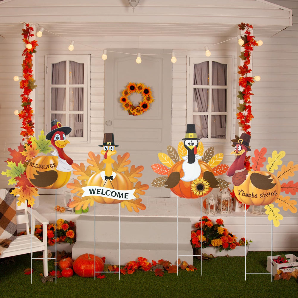 Sosation porch display with turkey stakes and pumpkins creating festive entry charm