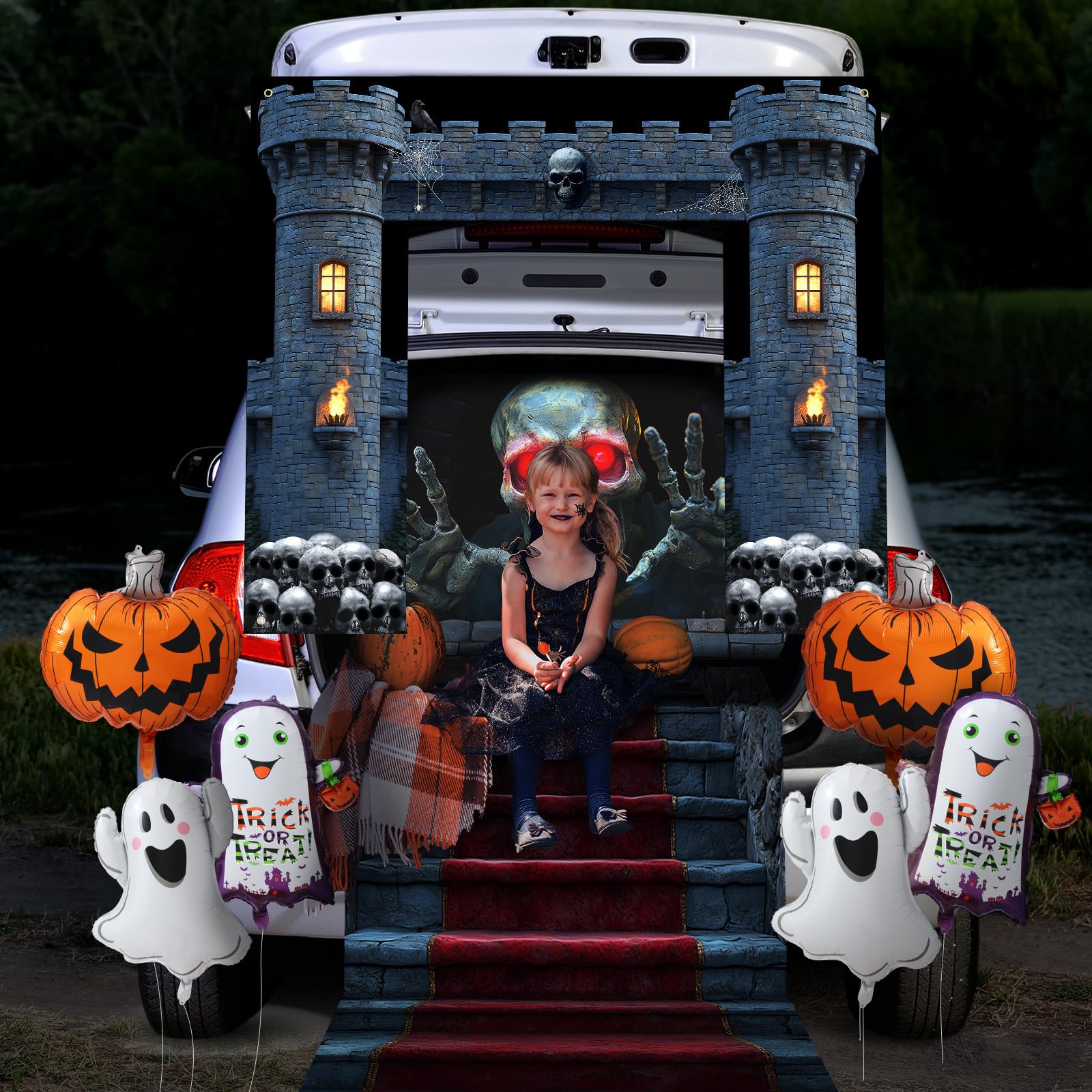 Sosation decorations next to car trunk showing scale and easy fit