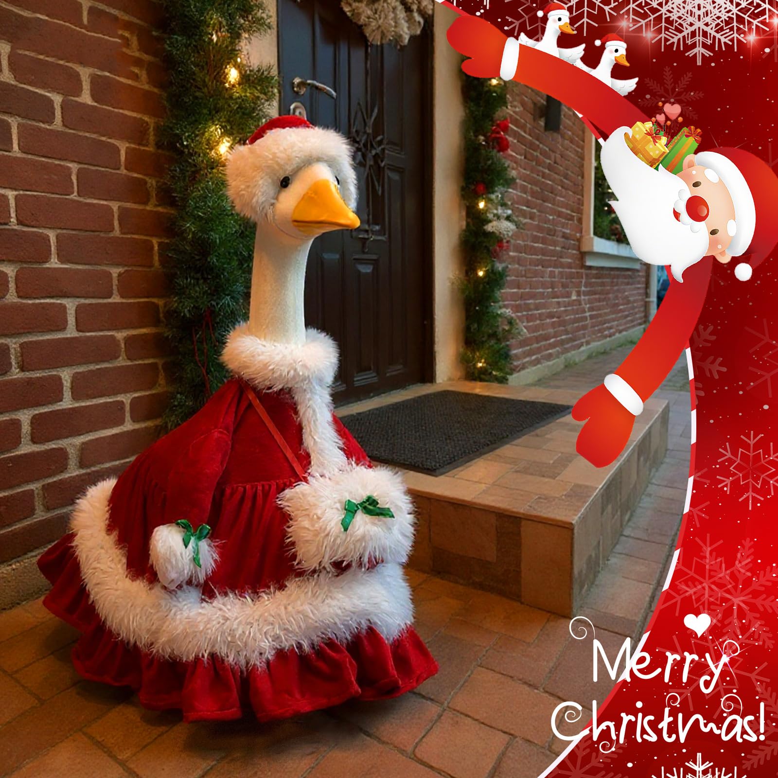 Sotiff dressed porch goose in costume demonstrates quick outdoor decoration upgrade